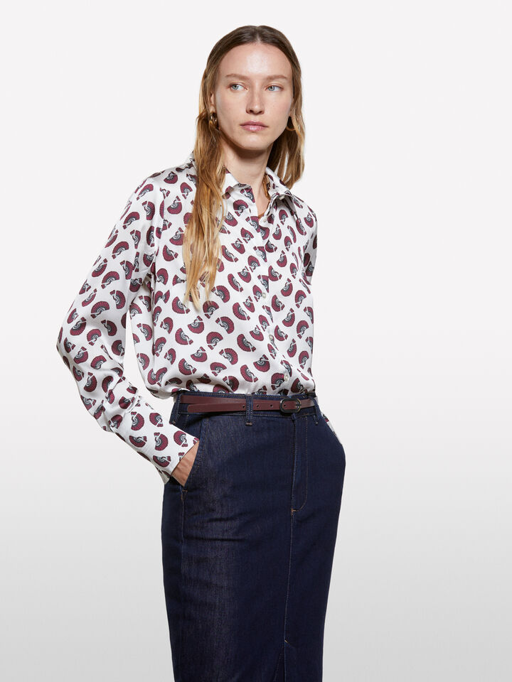 Cream white shirt in printed satin - women's shirts - Creamy White | Sisley image number 3